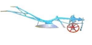A metal plough, with wooden handles. Painted blue and with a red wheel
